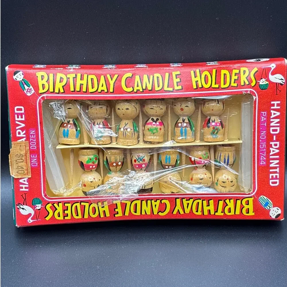 Vintage 1960s Hand Carved Kokeshi Birthday Candle Holders/Picks Set of 12 Japan